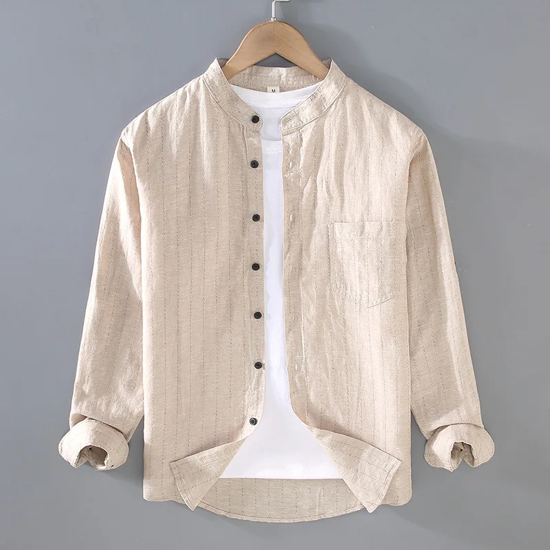 

2025 Men's Chinese Style Linen Stand-Up Collar Long Sleeve Shirt
