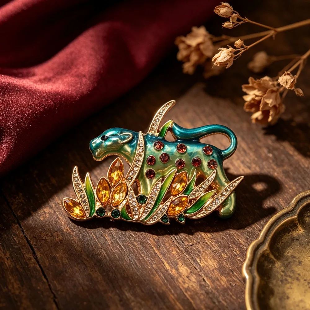 Golden Alloy Leopard Brooch Multicolor Rhinestone Enamel Jungle Animal Suit Clothing Badge Women Jewelry Gift