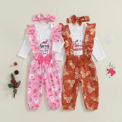 0-18M Baby Girls 3Pieces Christmas Outfit Set Letter Embroidery Long Sleeves Romper + Elk/Santa Print Overalls + Bow Headband