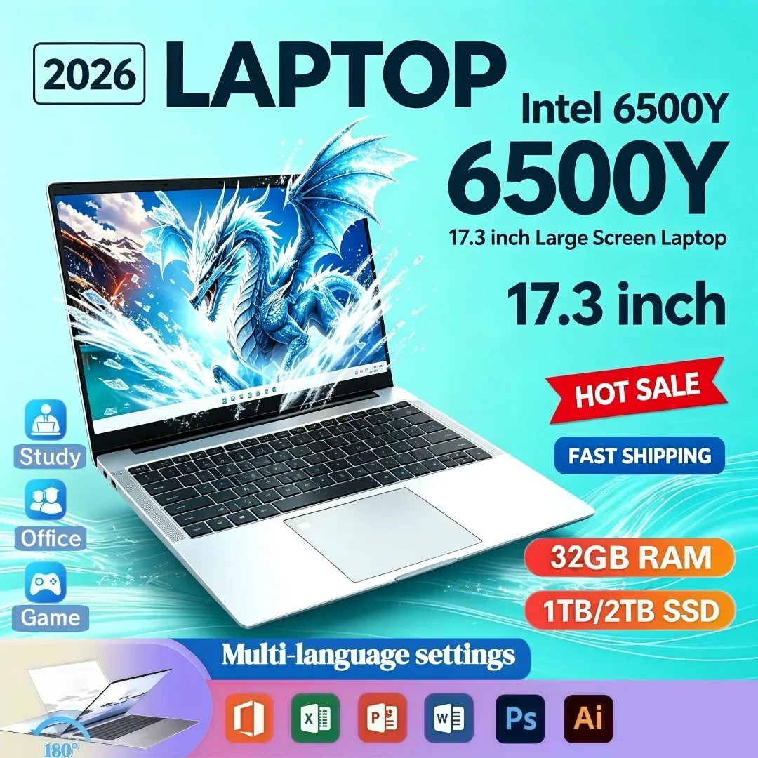 Laptop Intel 6500Y 17.3 Inch Large Screen Stable Office Study Slim 2026 16GB/32GB RAM Windows11 1TB/2TB Big SSD