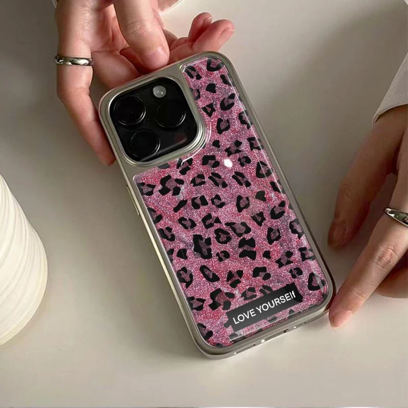 Rosa Leopardenmuster Silberkanten-Epoxid-Handyhülle TPU Sturzsicher für iPhone XR/11/12/13/14/15/16/17 Pro Max