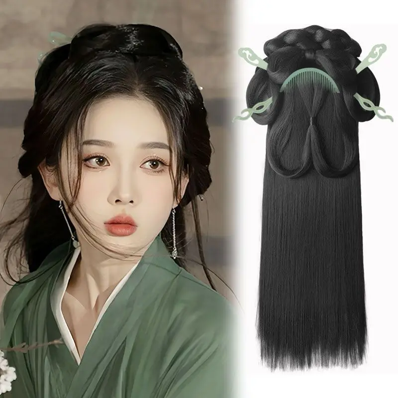 Sistema de cabelo hanfu dos estados de guerra-peruca completa estilo wei-jin com saia de rosto de cavalo acessórios peruca cosplay chinesa antiga