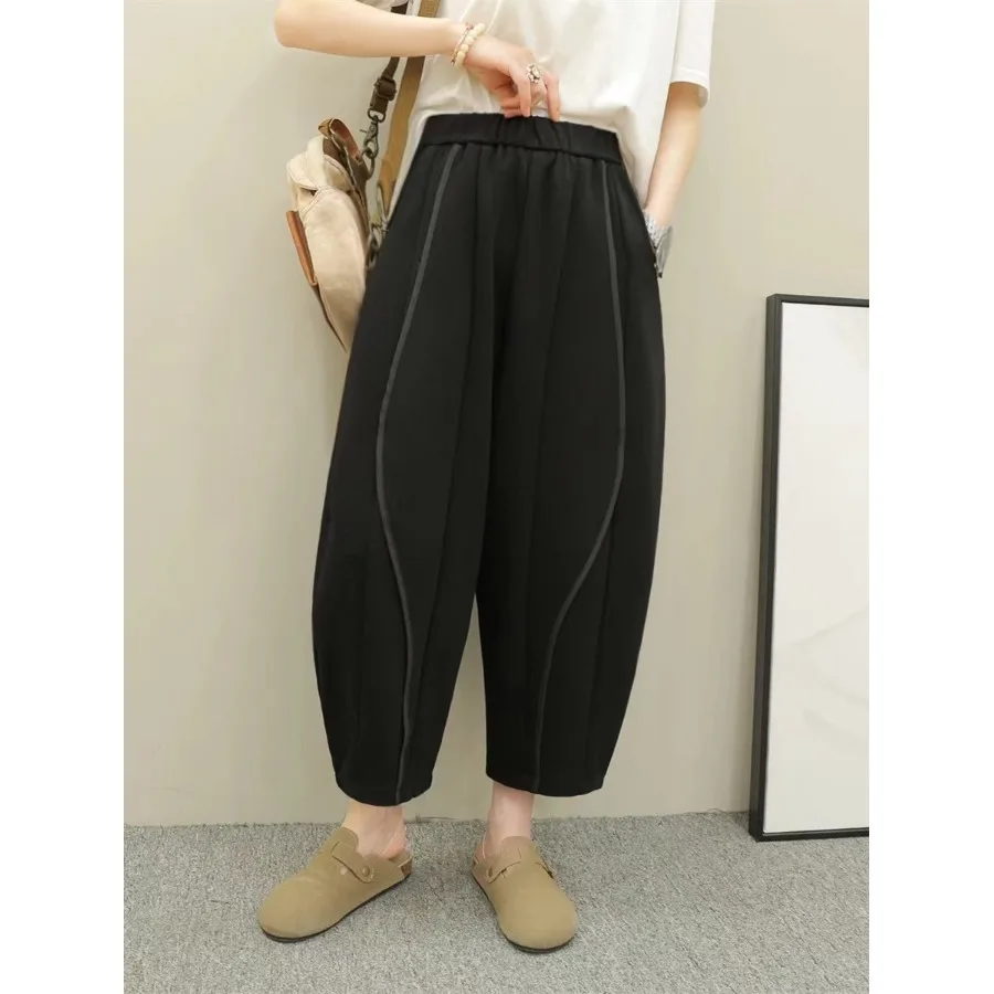 Pantalones Harlan de pierna ancha holgados de nueve cinco con cintura elástica y cintura alta, pantalones informales para mujer, novedad de Otoño Invierno