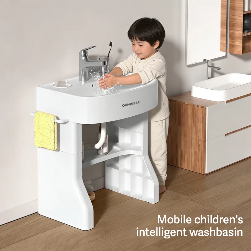 New Design Mobile Smart Kids Wash Basin with Light & Water Tank, Portable Baby Training Sink for Teeth Brushing & Face Washing