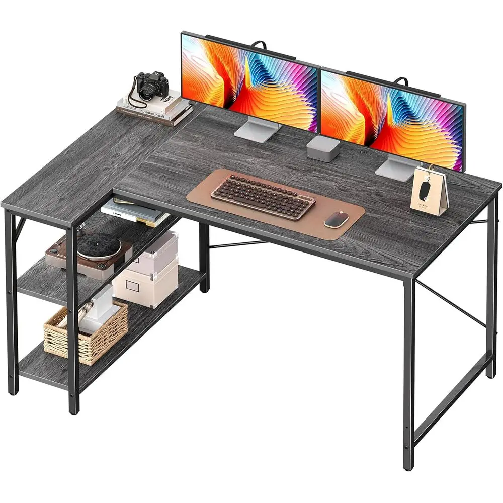 

L Shaped Desk, 47 Inches Computer Desk with Reversible Storage Shelves, or Gaming Home Oice Writing Study, Metal e, Gray