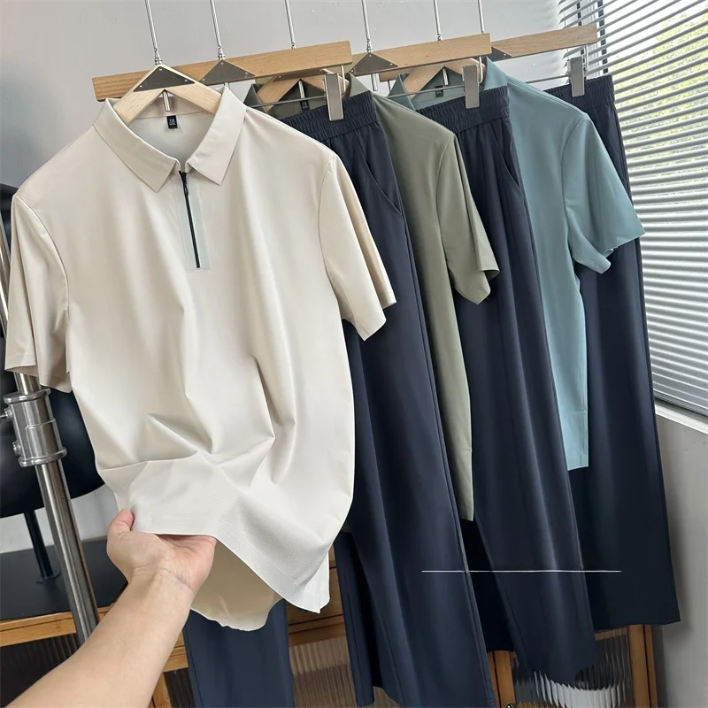 

Men's Busin Casual ort Sve T-irt And Long Pants Ice Silk Set Qui Dry Cool Feeling Four Sided Elastic Youth Summer...