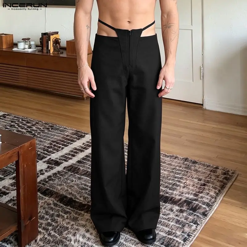 

INCERUN Men's Pants Solid Color Joggers Loose Zipper Casual Trousers For Man Streetwear 2026 Fashion Straight Pants Pantalones