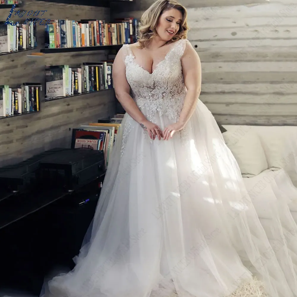 LAYOUT NICEB Spaghetti Straps Plus Size Vestido De Casamento Decote Em V A Linha Vestidos De Noiva Applique Backless Sem Mangas Tulle 2024 vestidoLAYOUT NICEB Spaghetti Straps Plus Size Vestido De Casamento Decote Em V