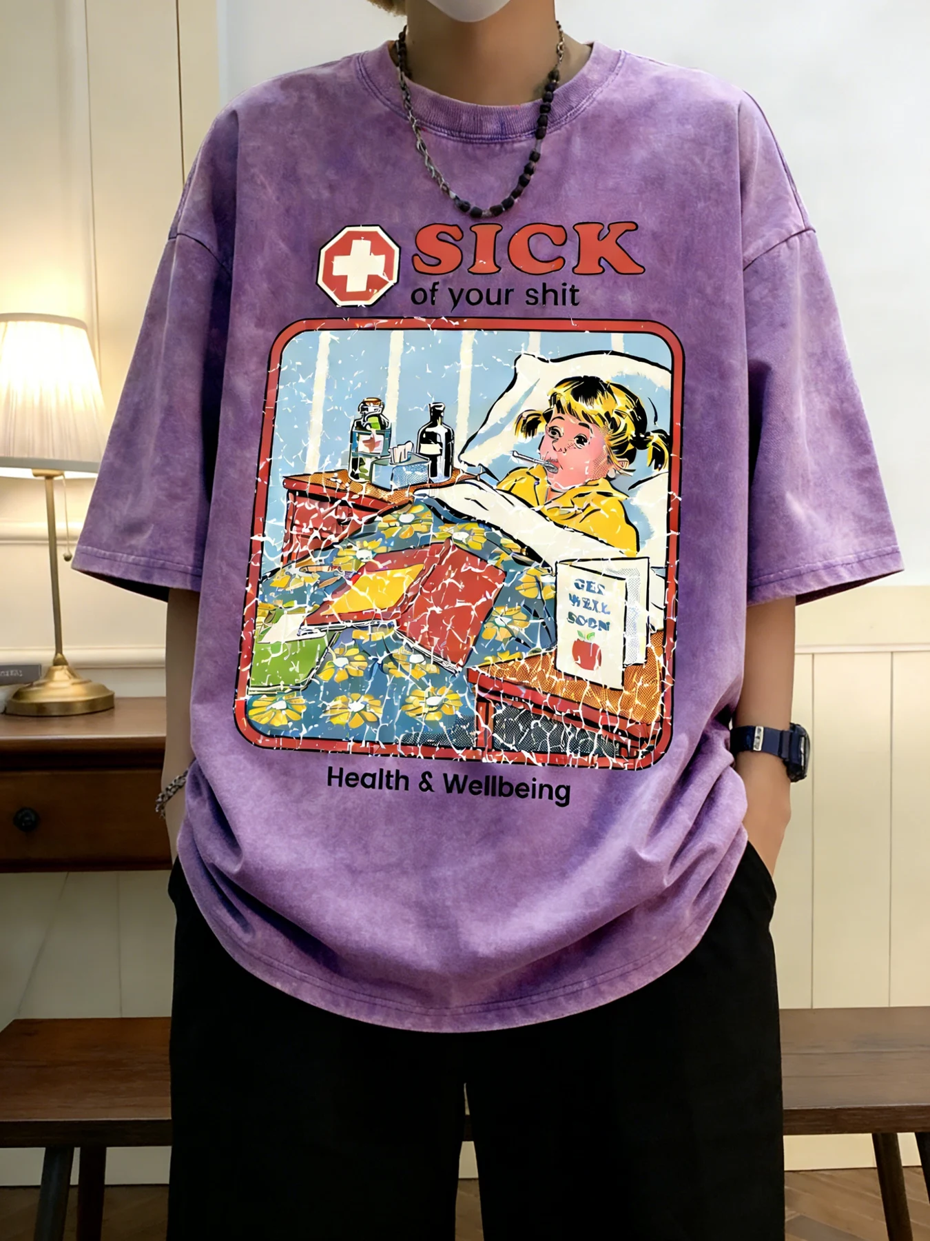 Bawełniana koszulka damska oversize z efektem sprania, vintage nadruk Sick Girl, oddychająca bluzka na wiosnę i lato, styl Y2K retro casual streetwear