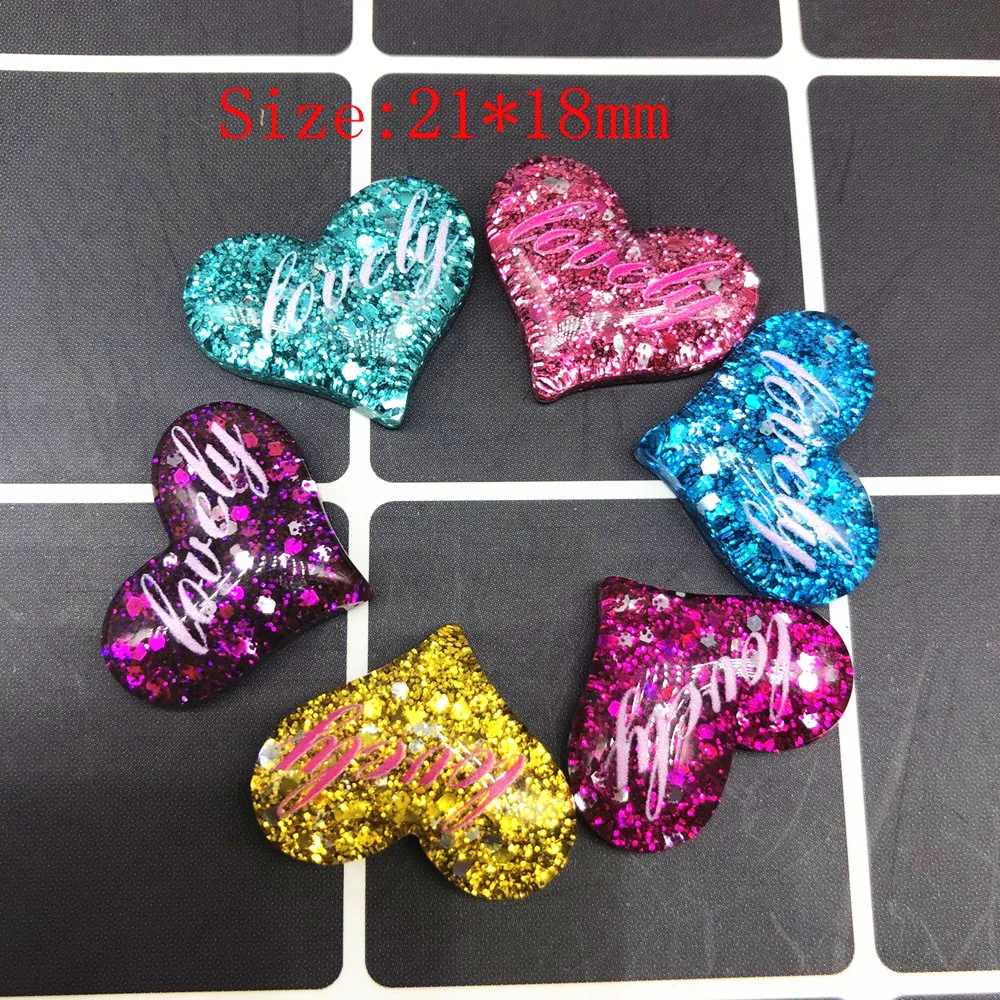 Wholesale 100pcs 21*18mm Glitter Lovely Heart Resin Cabochons Ornament Accessories DIY Girls Hair Clip Headband Phone Case Decor