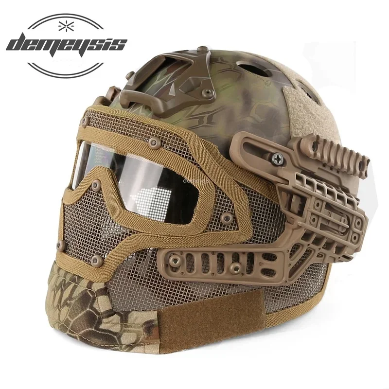 Casco softair completamente coperto Camouflage Tiro tattico Casco di protezione per paintball Set di caschi per maschera da caccia regolabile Wargame