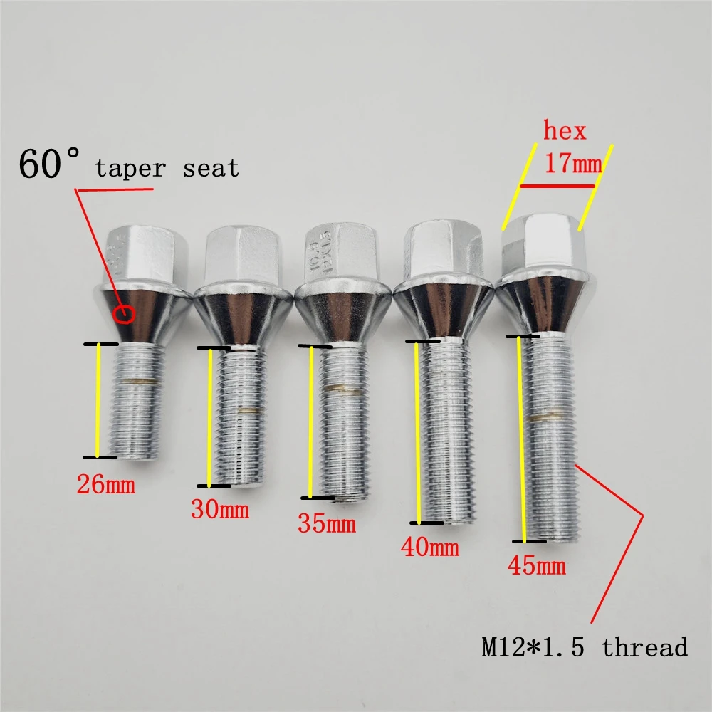 합금 휠 볼트 너트 러그, M12 X 1.5, 17mm 육각, 원뿔 테이퍼 시트, 다시아 피아트 로터스 마세라티 닛산 르노 미니 스즈키용, 4 개