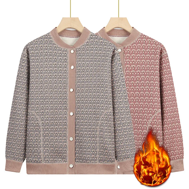 

Утепленный бархатный клетчатый свитер для женщин, топ с длинными рукавами, популярная осенне-зимняя одежда для бабушки, теплый кардиган, женская трикотажная куртка