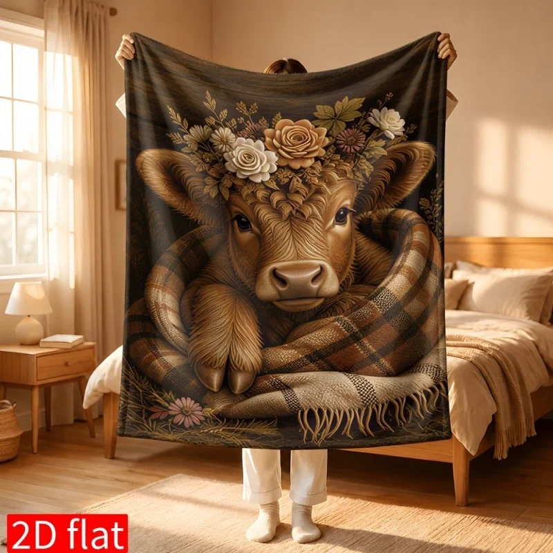 Warm‑toned Highland Cow With Floral Crown And Plaid Blanket Print Flannel Throw Blanket Soft Cozy Blanket For Sofa Bed