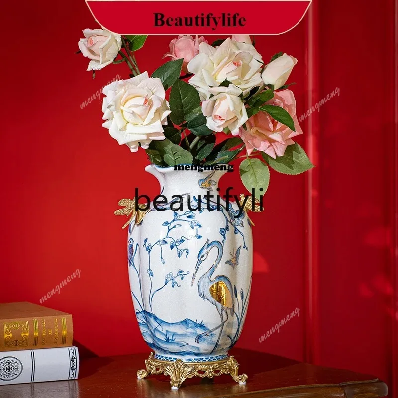 

New Chinese Style Ceramic Vase Ornament European Style Hand-painted Ceramic Living Room Entrance Flower Arrangement N