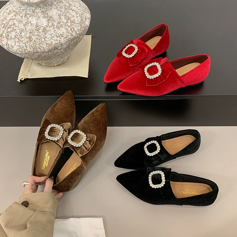 Female Bow Square Buckle Loafers Retro Pointed Versatile Temperament with Raised Flat Shoes