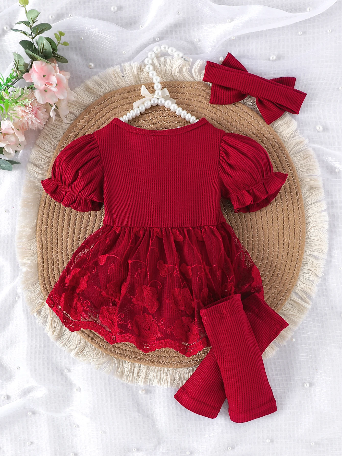 Summer cross-border new girls 0-1 years old sweet and cute red short-sleeved mesh clothes