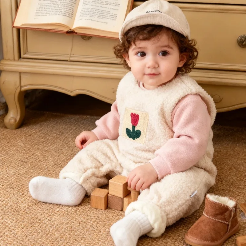 بدلة أطفال للخريف والشتاء مع ملابس زحف سميكة من القطيفة للفتيات برقبة دائرية قطعة واحدة قطع علوية من القطيفة دافئة #2