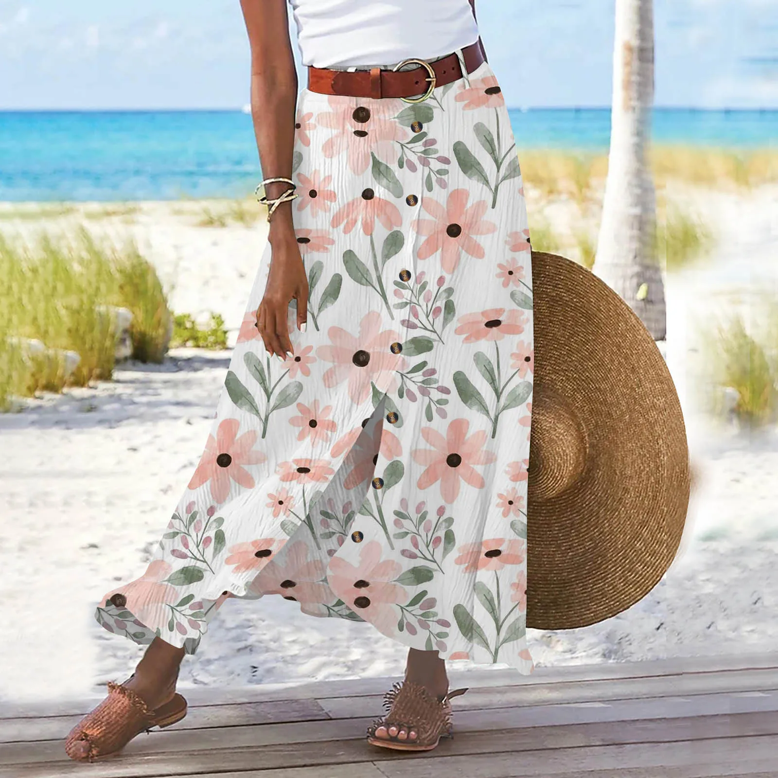Summer Women's Skirt Cotton Linen Important Button Slit Flower Print Fashion Versatile Vacation Beach Midi Skirt