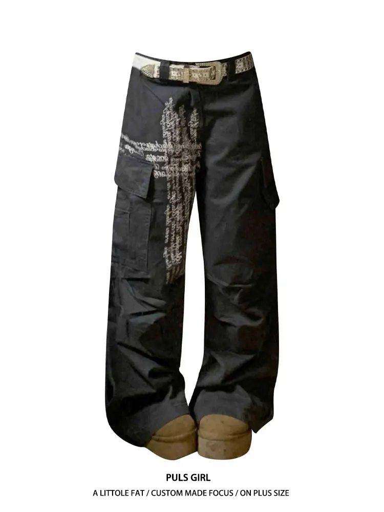 

Ретро-джинсы американского стиля больших размеров для женщин: широкие брюки с высокой талией, с буквенным принтом, в рабочем стиле, с эффектом потертости, для уличного и повседневного образа