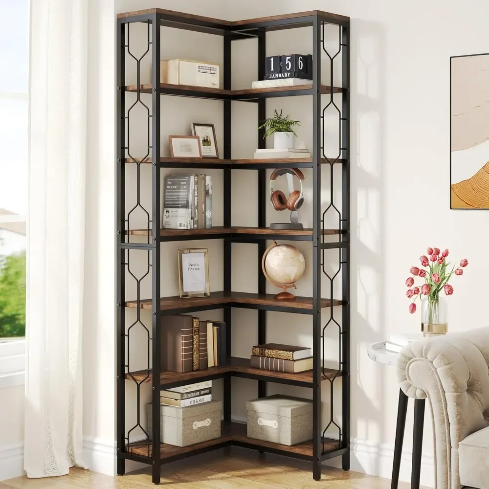 Corner Shelf, 7-Tier Industrial Corner Bookshelf, Wood and Metal Corner Etagere Bookcase, Freestanding Display Shelf