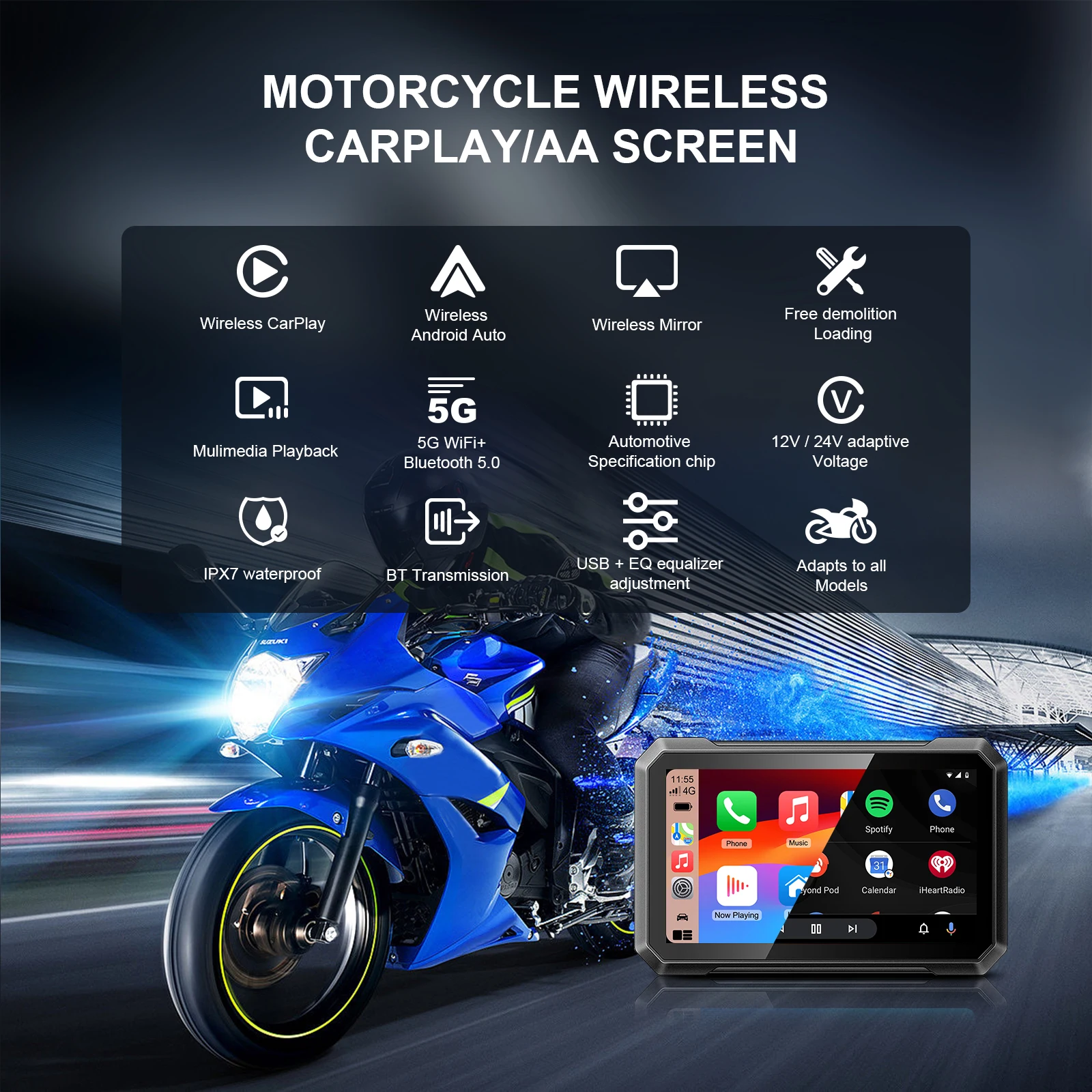 

New 1000nit High-Sensitivity Light Sensor Screen 7 Inch Motorcycle Special Navigator Moto Wireless Carplay Android Auto Monitor