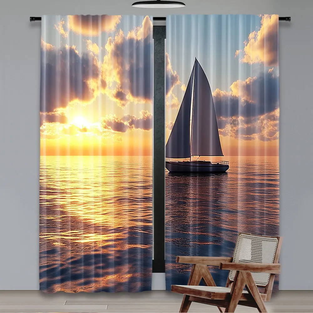 2Pcs Sea Sunrise And Sunset Scenery Curtains Ocean Sailboat Aesthetic Art Curtains Suitable For Bedroom Livingroom Store Hotel