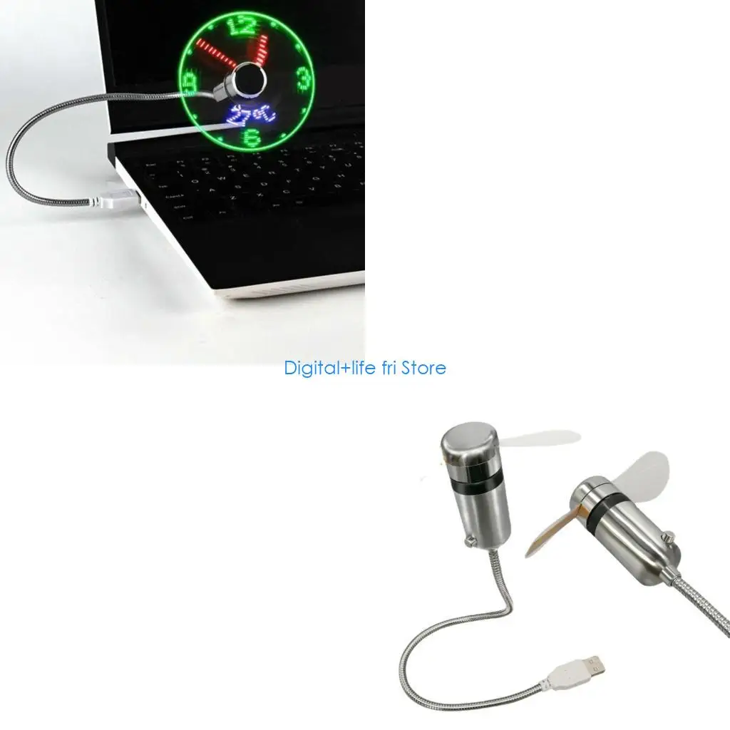 E06D Portable Clock Fan LED Night Light USB Hand Fan Real Time Temperature Display Mini Fan for PC Laptop Desktop