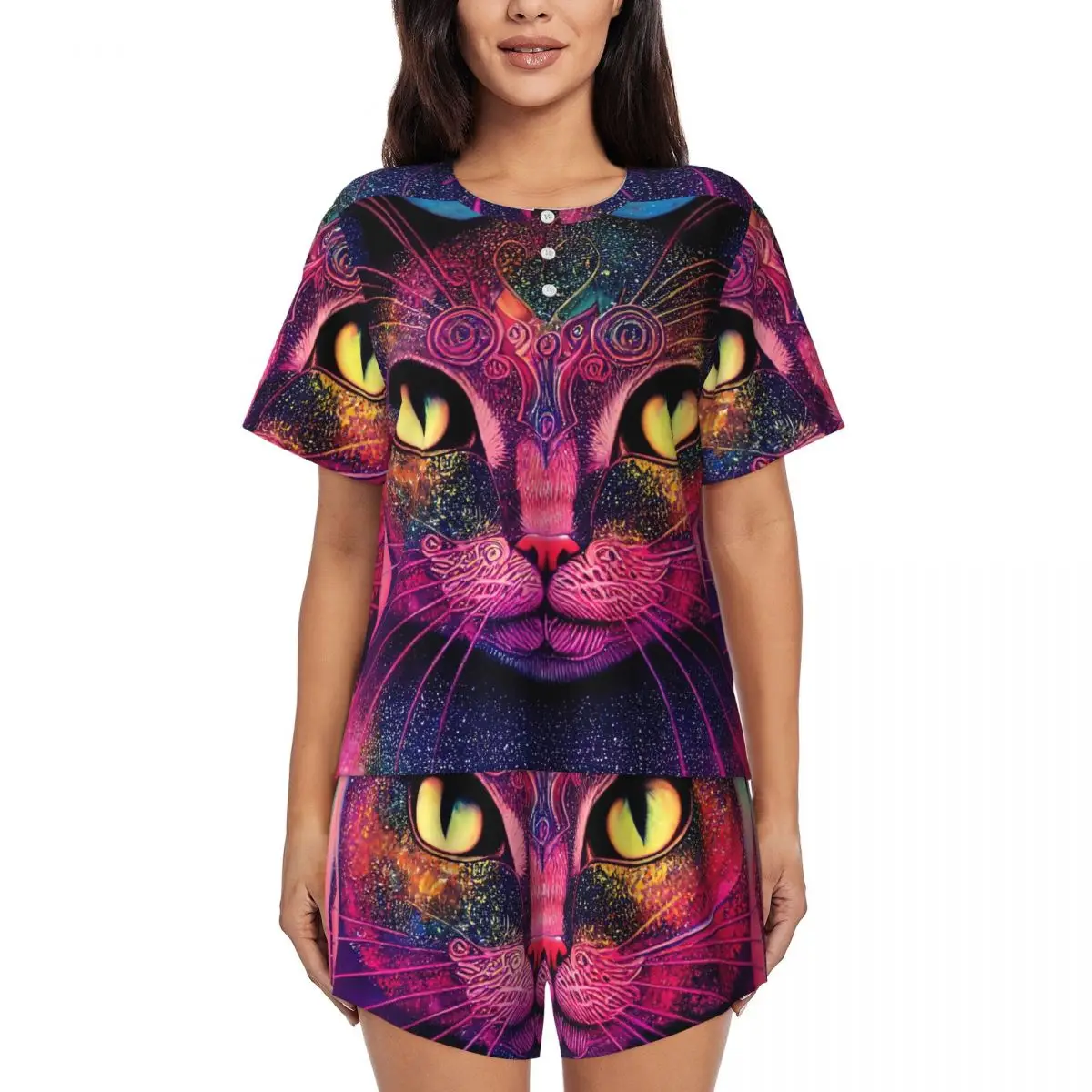 

Пижамы Magic Cats с коротким рукавом и животным принтом, комплект из 2 предметов, повседневный пижамный комплект, повседневная женская винтажная одежда для сна с круглым вырезом