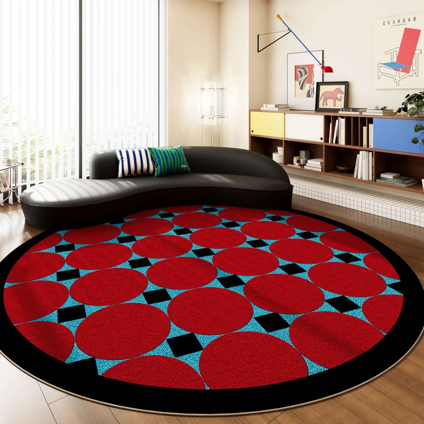 Abstract Linear Round Carpet Colorful Accent For Lounge Dining Room Home Floor Soft Rug Pad