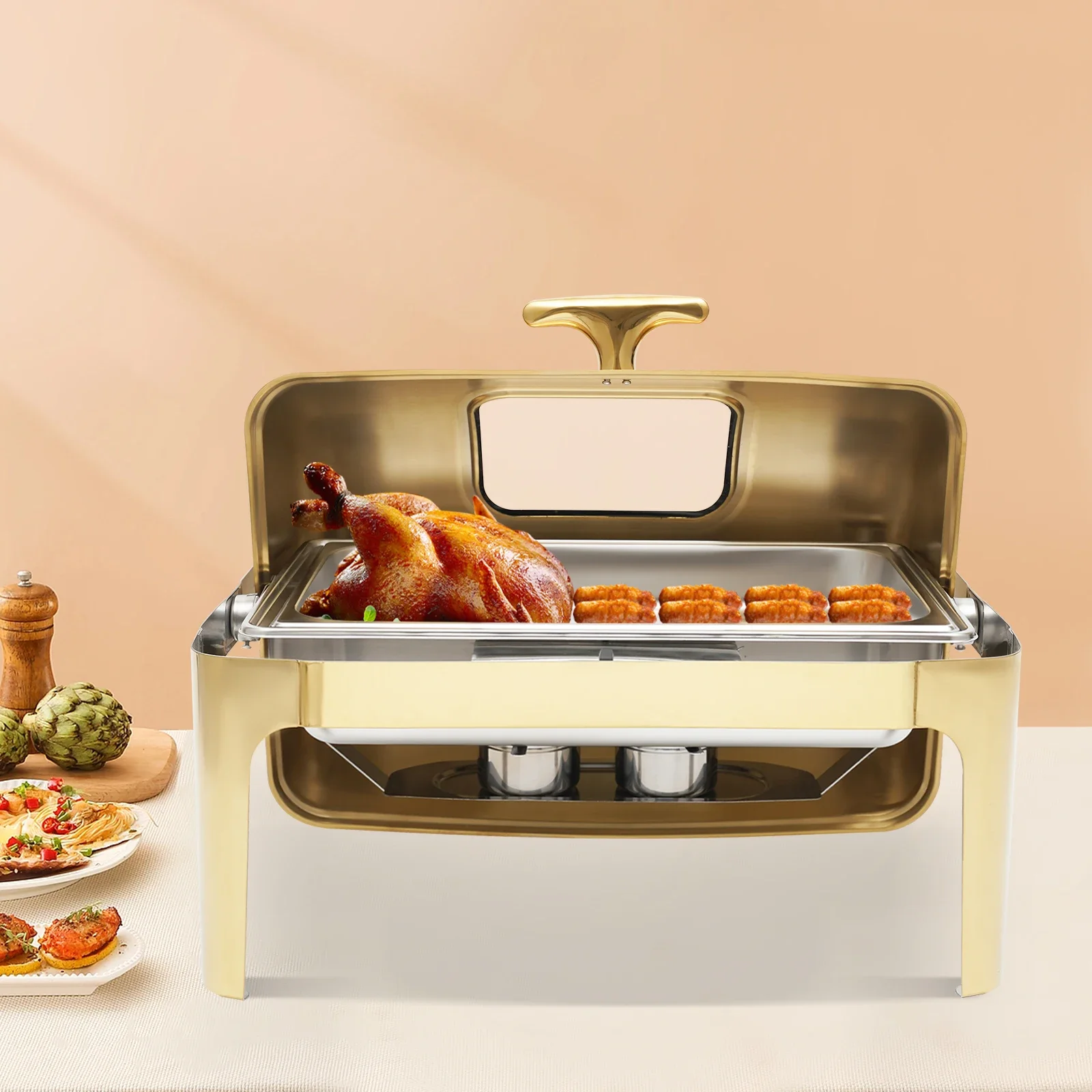 

9.5Qt Commercial Stainless Steel Chafing Dish, Rectangular Buffet Warmer with Tempered Glass Lid, Food Warming Tray for Catering