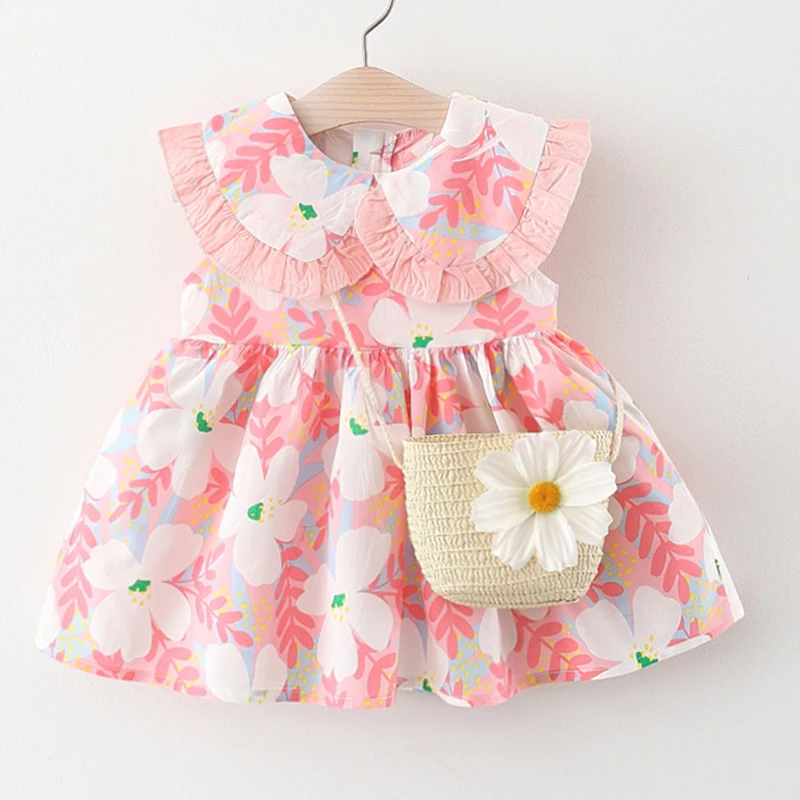 New In Summer Toddler Girl Clothes Korean Cute Flowers Doll Collar Sleeveless Print Cotton Baby Dresses+Bag Kids Dress Set BC155