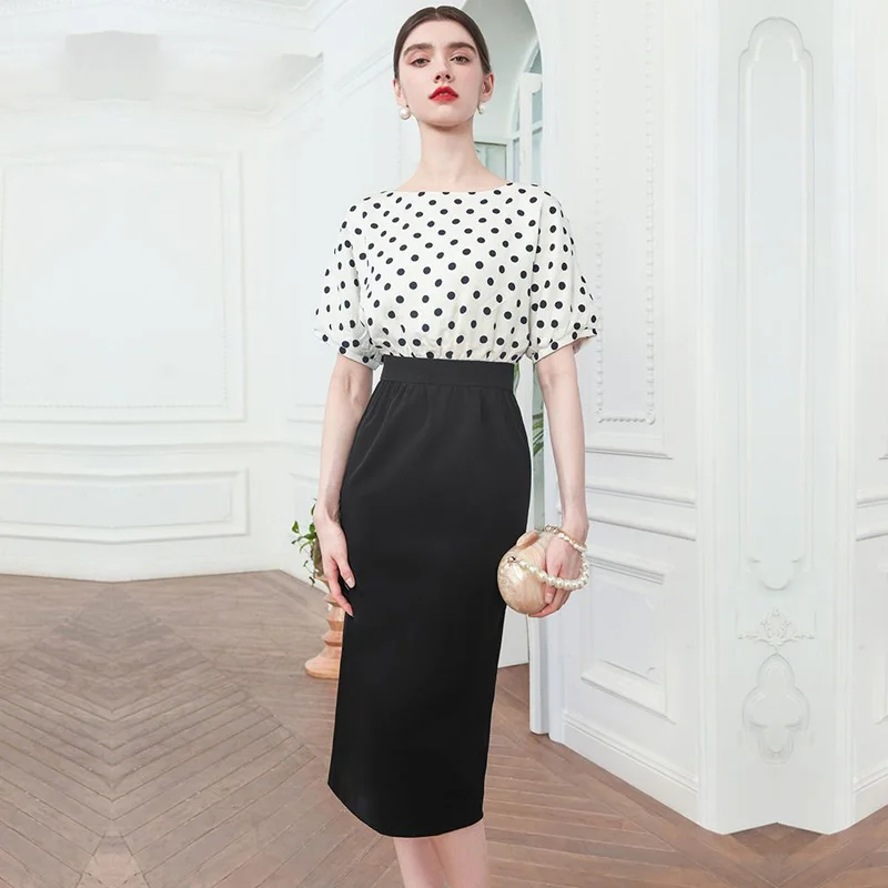 

High end temperament dress women's new summer French wave point professional slim skirt