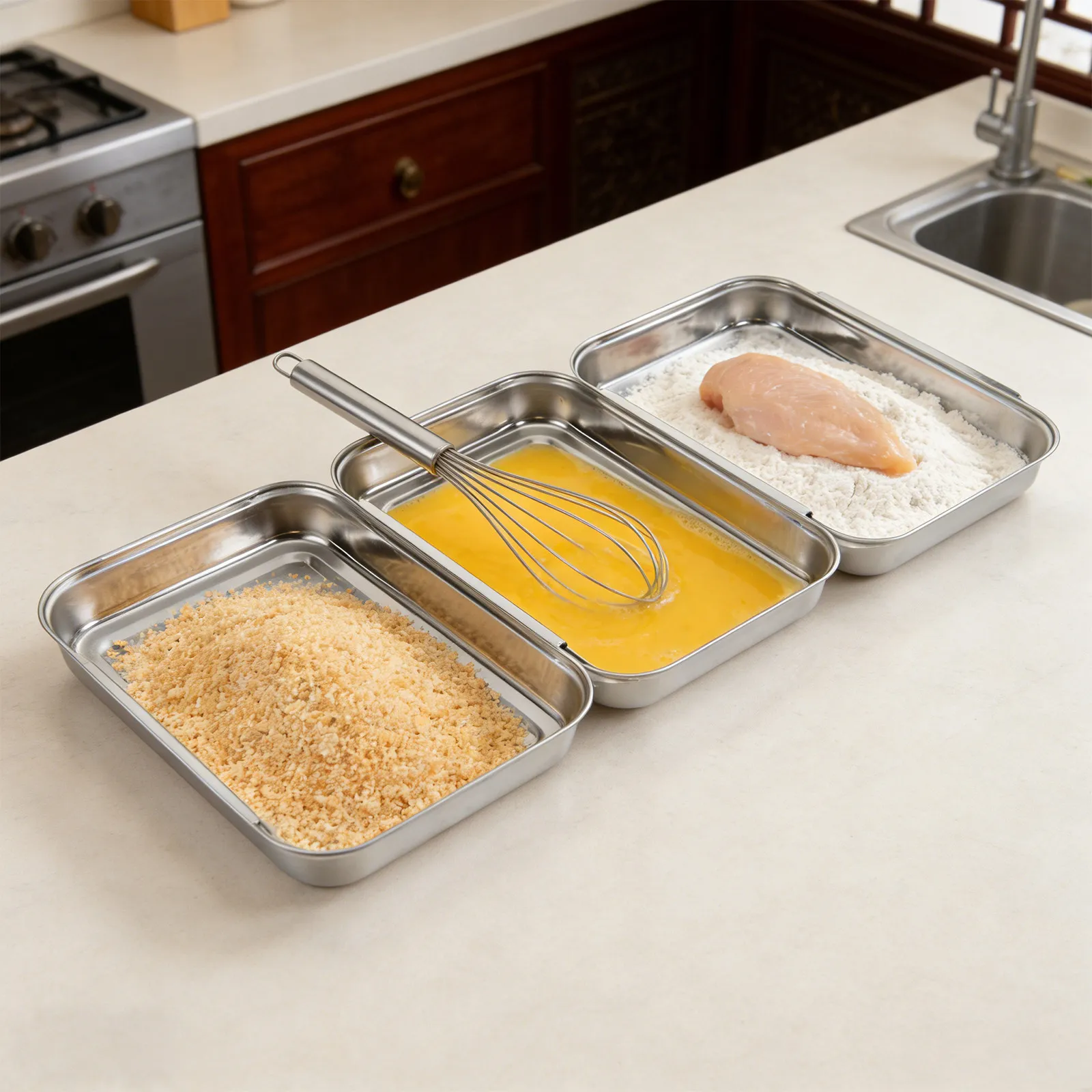 1Set Stackable Stainless Steel Breading Tray Set Interlocking Pans for Marinating Chicken Meat Flour Egg Bread Crumb Prep