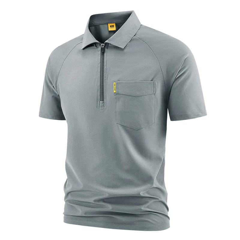 Men's Short Sleeve Polo Shirt Men Tactical Work T-shirt with Pocket Outdoor Quick Dry Fishing Sports Golf Zipper Polo Shirt Tops