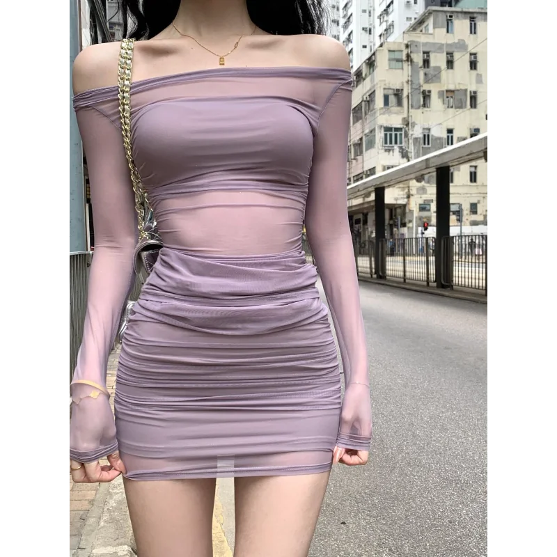 Tea Style Outfit Women Summer Purple One Shoulder Long-sleeved Mesh Top Hip Covering Skirt Two-piece Set