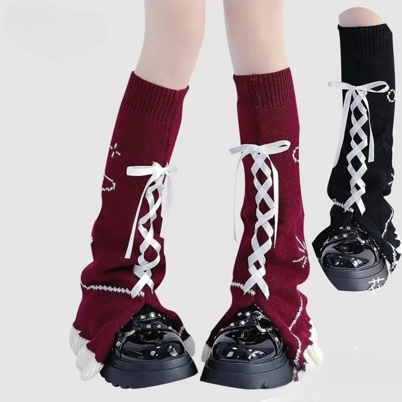 Ribbon-tied Sock Cover Lace Horn Hosiery Christmas Lolita Millennium Spice Girl Pile Strap Bow Knit Socks Leg Warmer Sock Cover