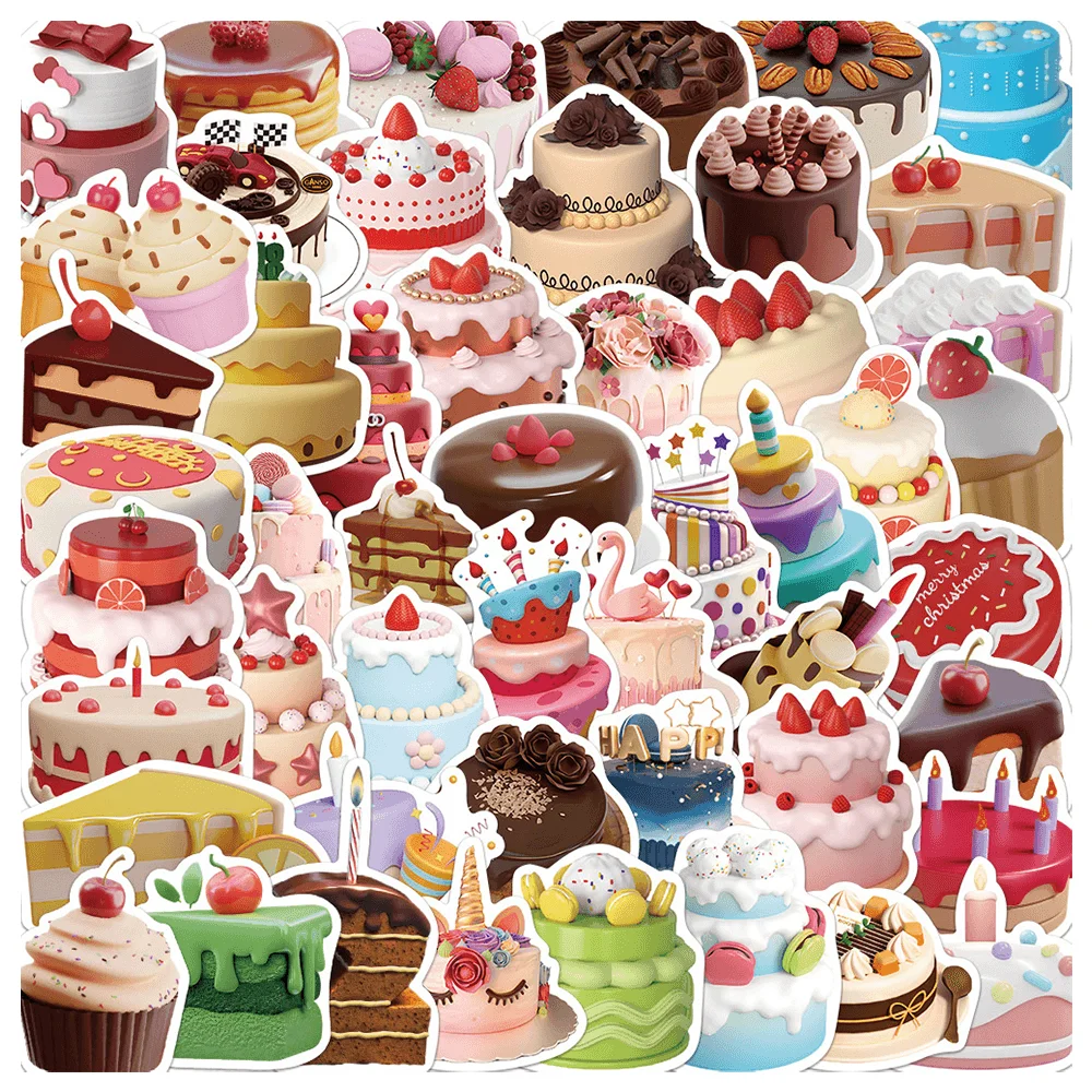 50pcs 3D Birthday Cake Stickers For Laptop Scrapbook Craft Supplies Scrapbooking Material Stationery Gift Kids Sticker Vintage