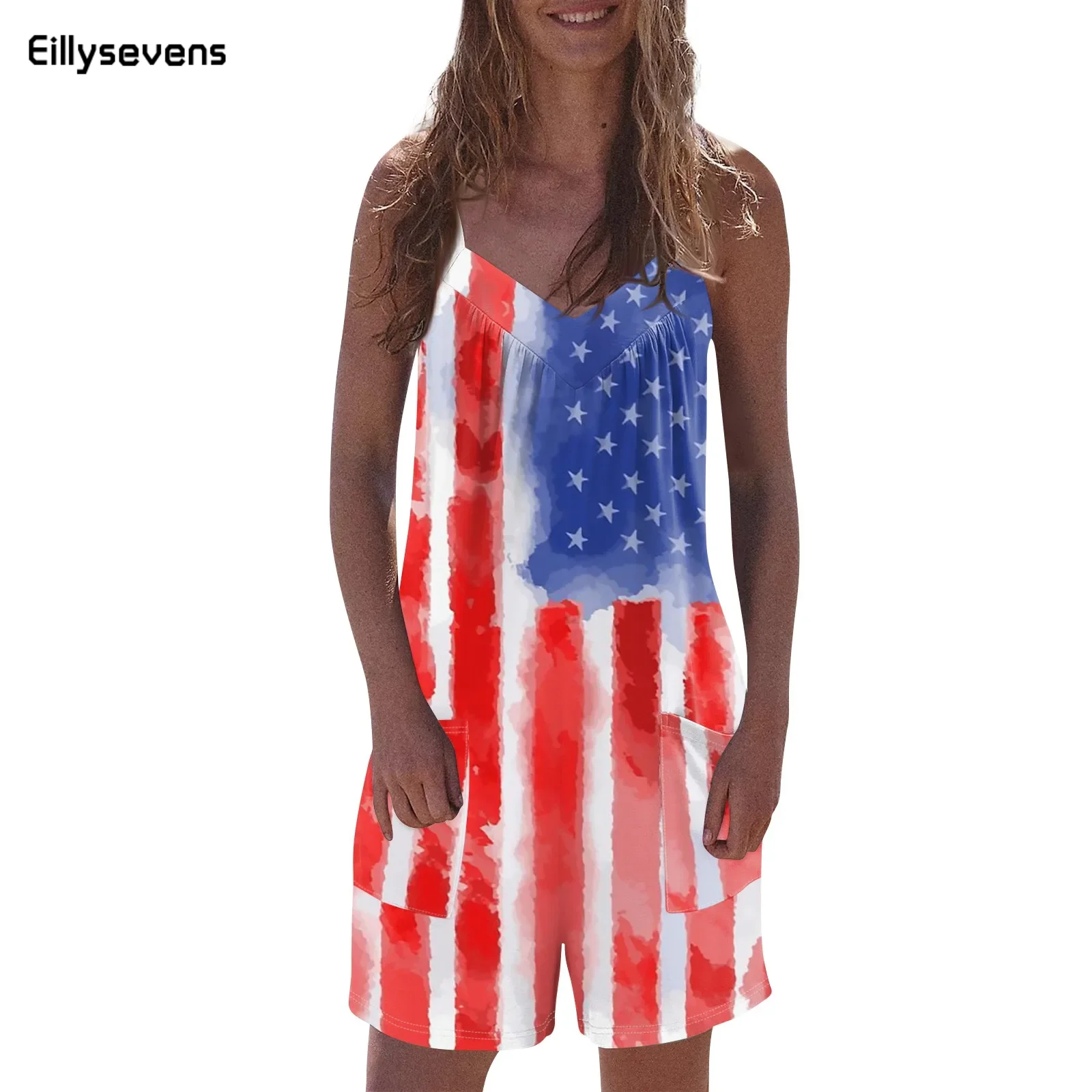 

Independence Day Romper Jumpsuit Summer American Flag Print Jumpsuit Bib Overalls Suspender Shorts For Women Long Pant Romper