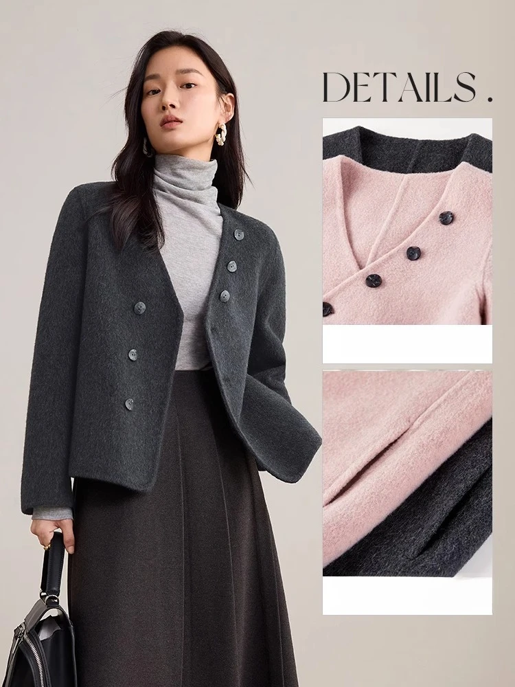 SENTBUILA Cappotti di lana double face per donna 2025 Autunno Inverno Scollo a V Piumini larghi Capispalla corti Donna W54OF2424