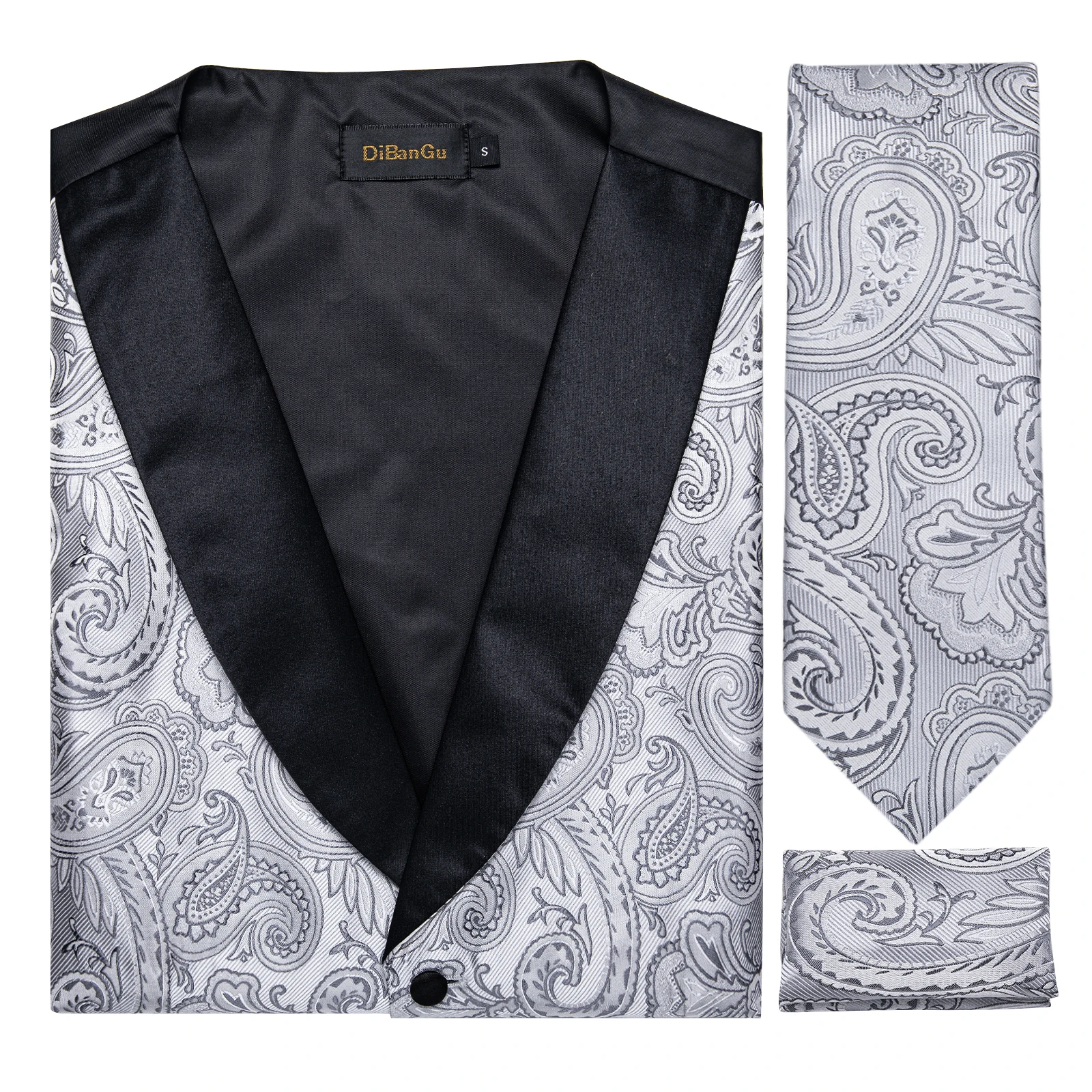 Suit Vest Set For Men Wedding Luxury Gray Paisley Dress Vests Necktie Clip Cufflinks Handkerchief Male Sleeveless Waistcoat Gift