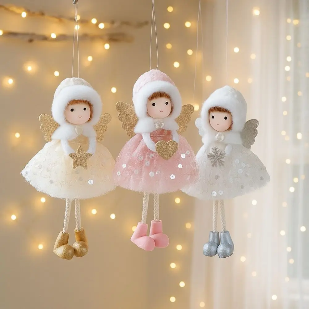

Cute Christmas Girl Pendant Plush Tulle Dress Girl Hanging Ornament Shiny Golden Wings White Mesh Christmas Tree Decorations