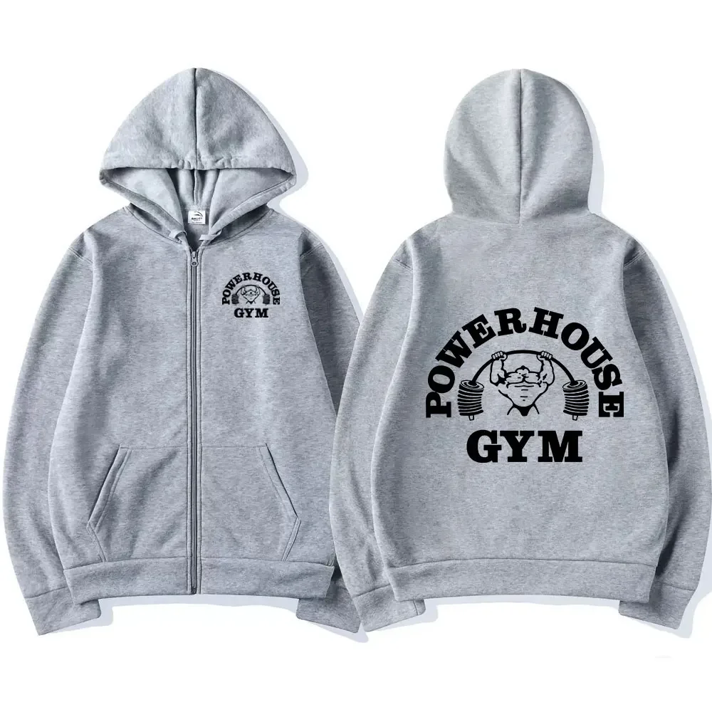 Powerhouse Gym Graphic Zipper Hoodie Men\'s Women\'s Fashion Vintage Zip Up Hooded Sweatshirts High Quality Fleece Loose Pullovers