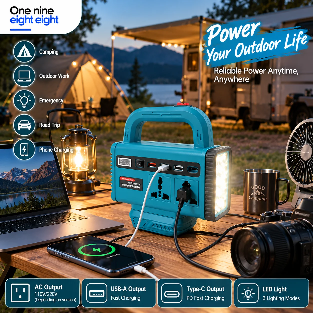 Portable Battery Power Inverter for Makita 18V Battery AC Outlet USB Type-C LED Work Light Outdoor Camping Emergency Power Suppl