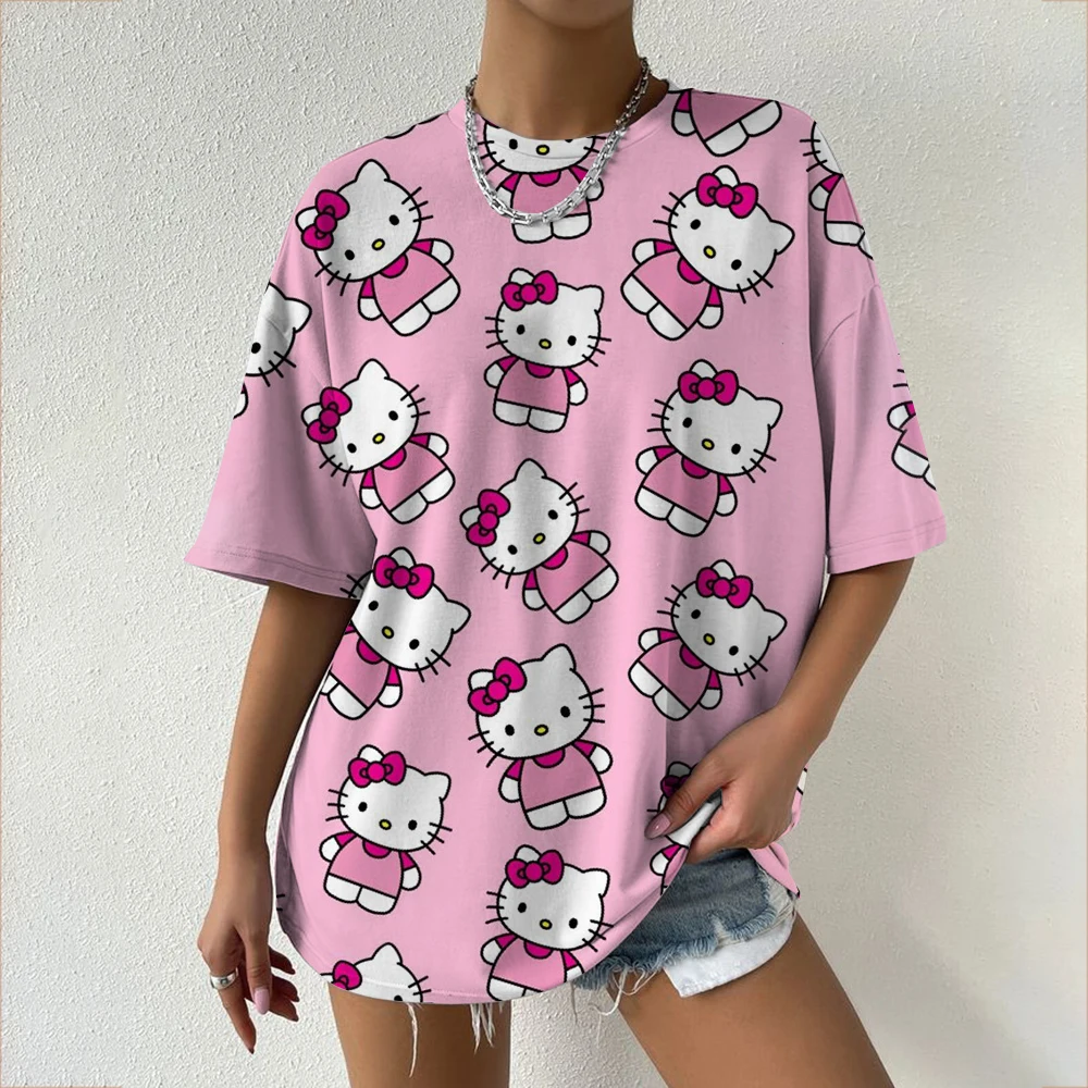 Hello Kitty para koszulka z krótkim rękawem damska modna odzież uliczna luźna koszulka Y2K millennium dziewczyna top