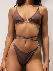 ZAFUL Women's swimsuit High Leg Cheeky Criss Cross Tie Floss Metal Hardware Triangle Bikini Swimwear