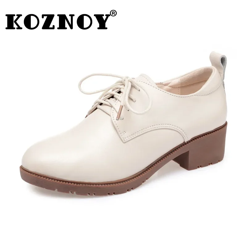 Koznoy 4,5 cm cuero genuino Natural Retro señoras verano británico tacones gruesos conciso Vintage Oxfords punta redonda zapatos de gran tamaño