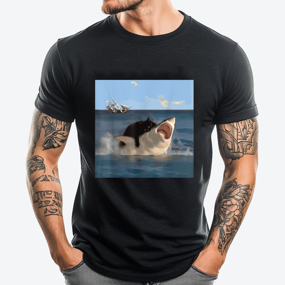 Cat Biting Shark Funny Art and Cat Lover Funny Cat and Shark Designer T Shirt Men SKIN-FRIENDLY Streetwear Men Camisa Leisure