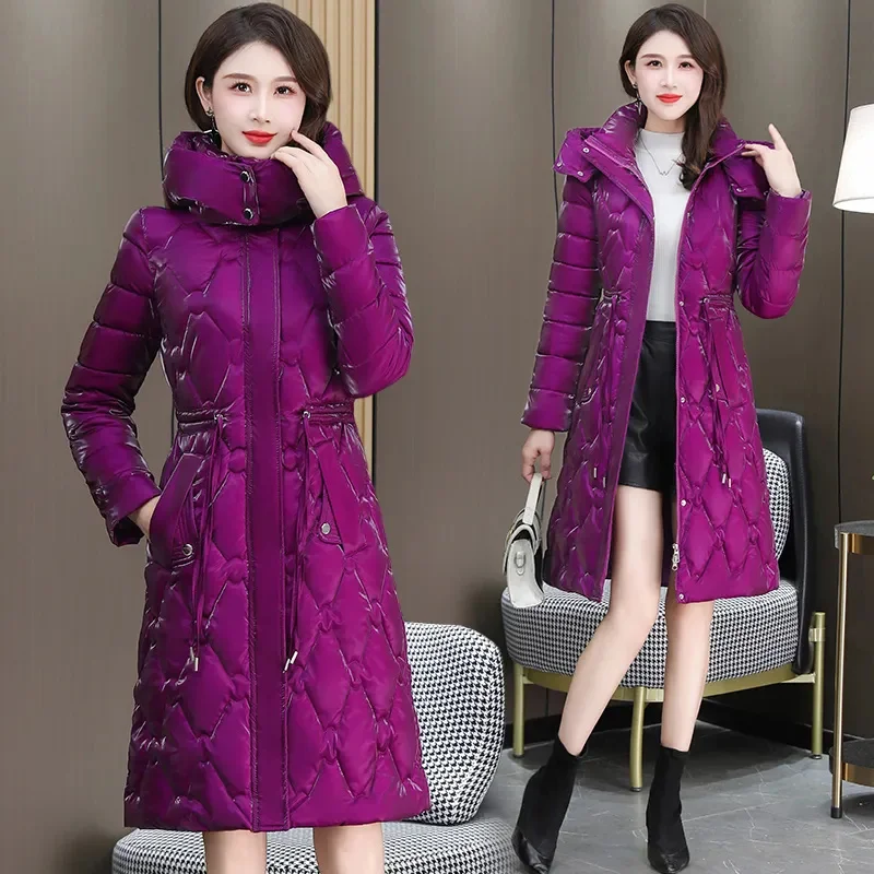 

Down Cotton-padded Jacket Lady Mid Length Disposable Glossy Cotton-padded Coats With Slim Waist 2024 New Winter Padded Warm Coat