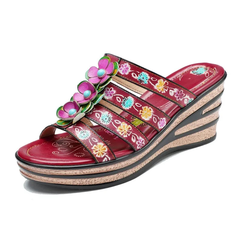 

Женские сандалии из овчины толщиной 7,5 см, на массивном каблуке с принтом и аппликацией, этнические женские мокасины большого размера, летние тапочки, обувь